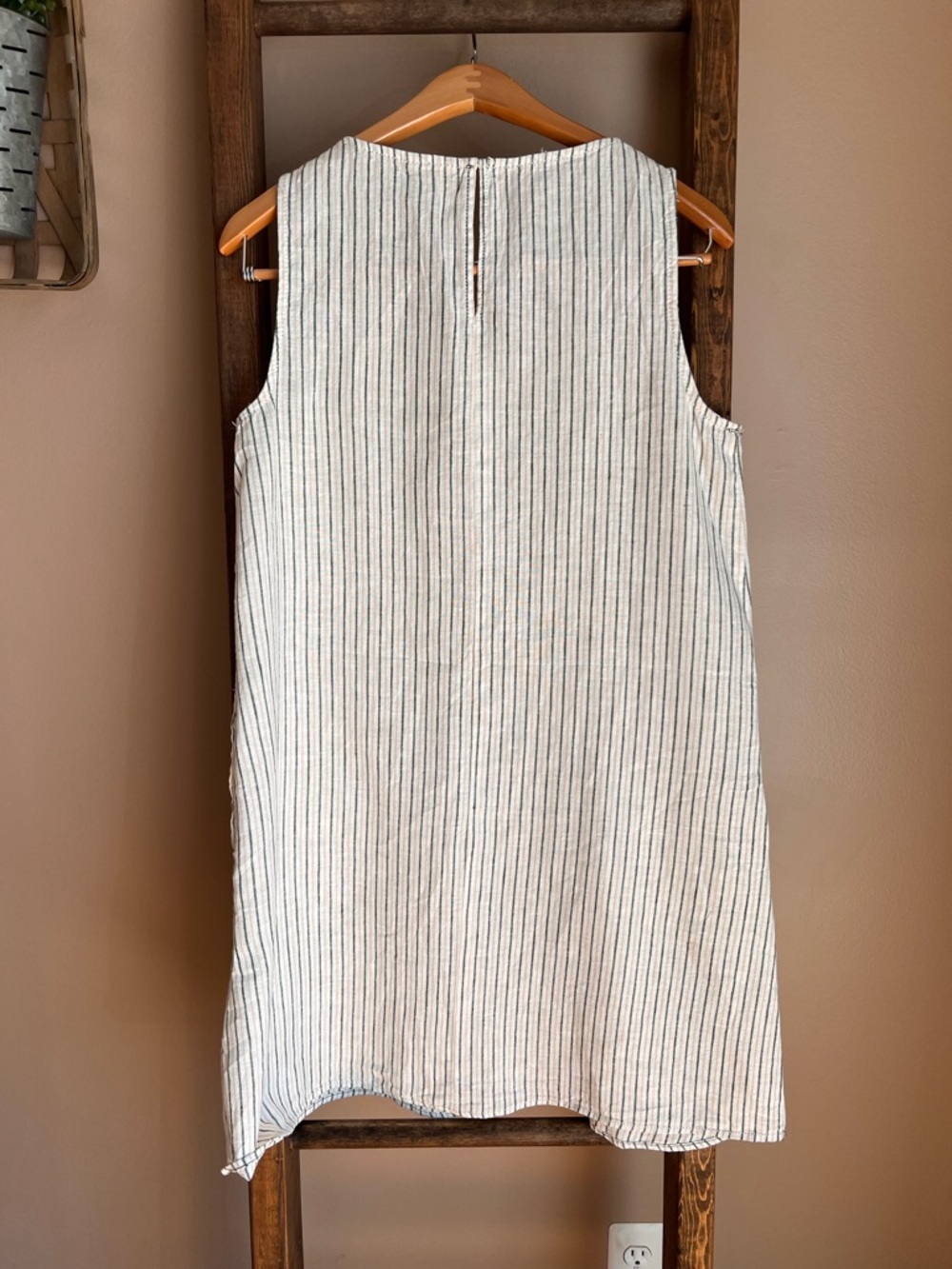 Max Studio Striped Linen Tank Dress - White with Thin Green Stripes - Picture 2 of 6